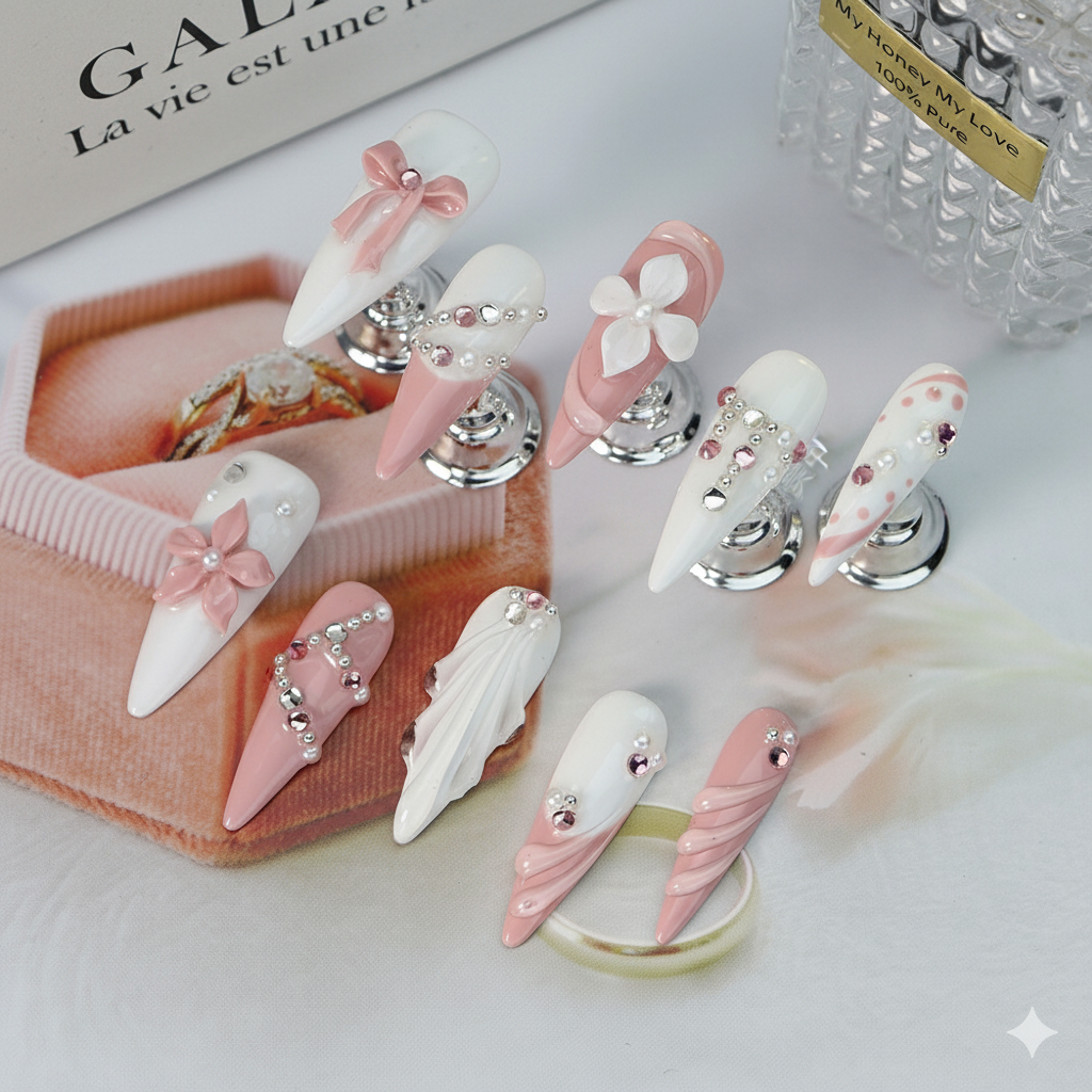 Clean Girl Pink White 3D Floral Rhinestone Press On Nails - Bridal & Party Faux Nails