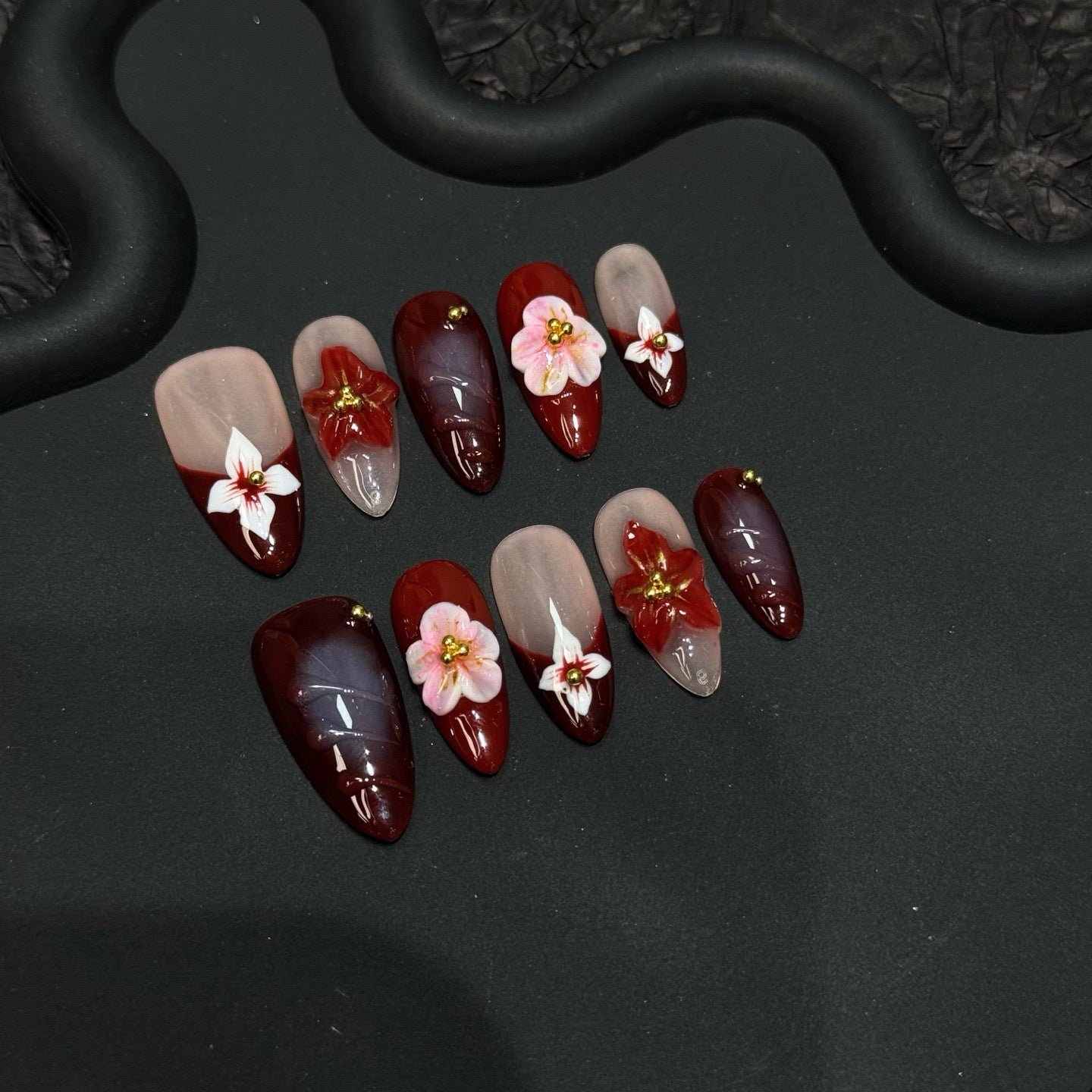 Autumn's Whisper | Burgundy & Nude Ombre Press-On Nails with 3D Floral Art