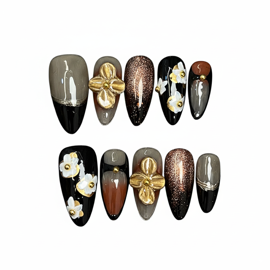 Autumn's Whisper | "Midnight Bloom" Press-On Nail Set with 3D Gold & White Flowers