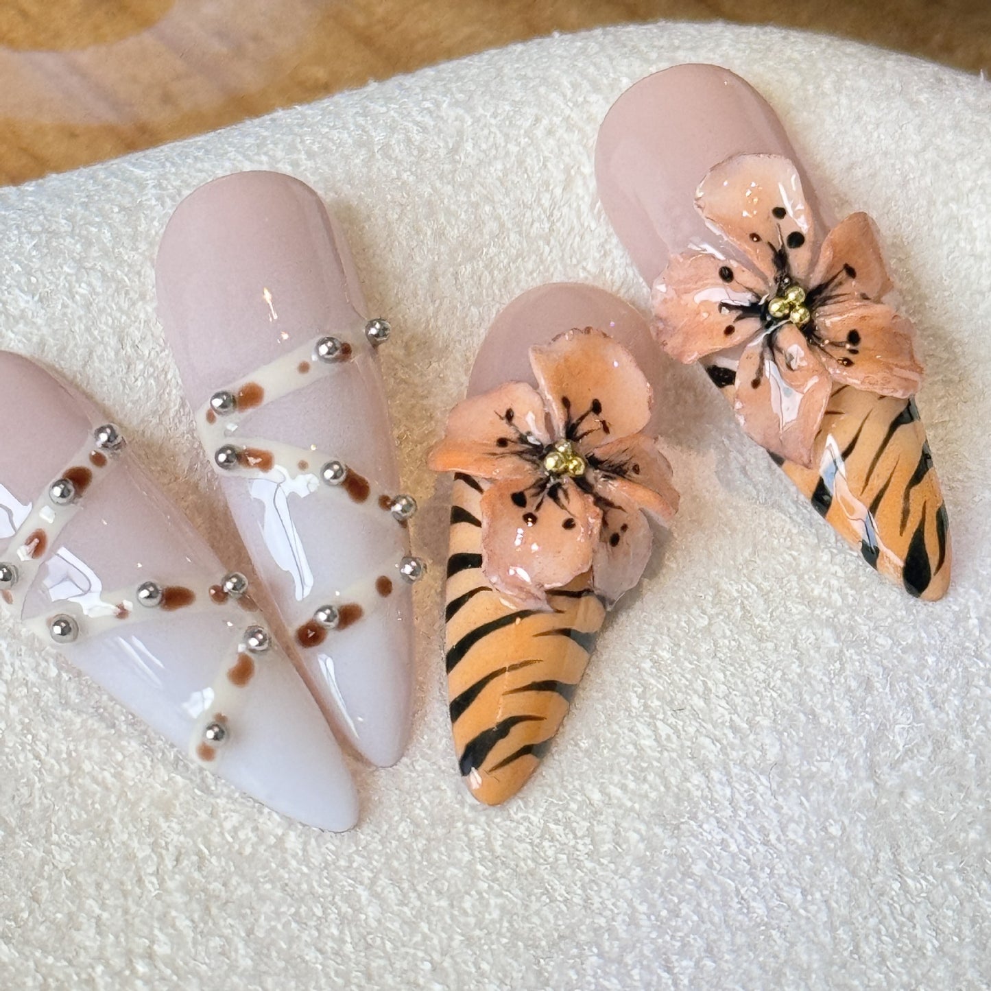Autumn's Whisper | "Mystic Garden" Press-On Nail Set with 3D Tiger & Floral Art