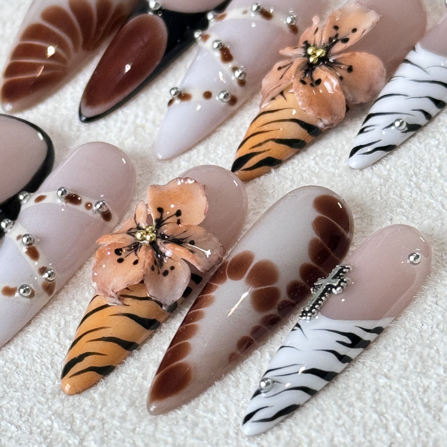 Autumn's Whisper | "Mystic Garden" Press-On Nail Set with 3D Tiger & Floral Art