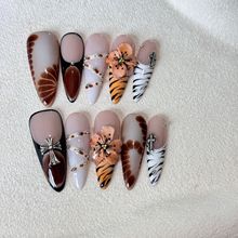 Autumn's Whisper | "Mystic Garden" Press-On Nail Set with 3D Tiger & Floral Art