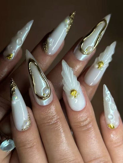 Luxury White Gold Sculpted Press-On Nails – 3D Pearl Shell Design for Elegant Goddess Look
