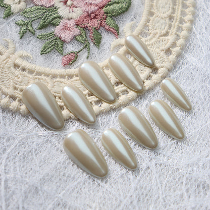 Clean Girl Aesthetic Almond Press - On Nails, Neutral Beige Glossy Fake Nails for Effortless Chic Look
