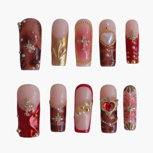 Gothic Royal Cross 3D Press-On Nails – Handmade Luxury Nail Set