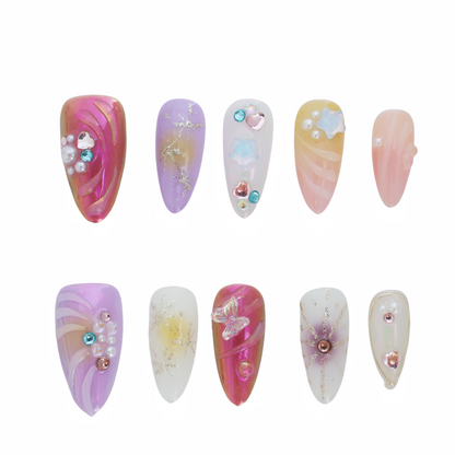 Celestial Dream Butterfly Press-On Nails – Romantic Purple & Nude Mix with 3D Gems