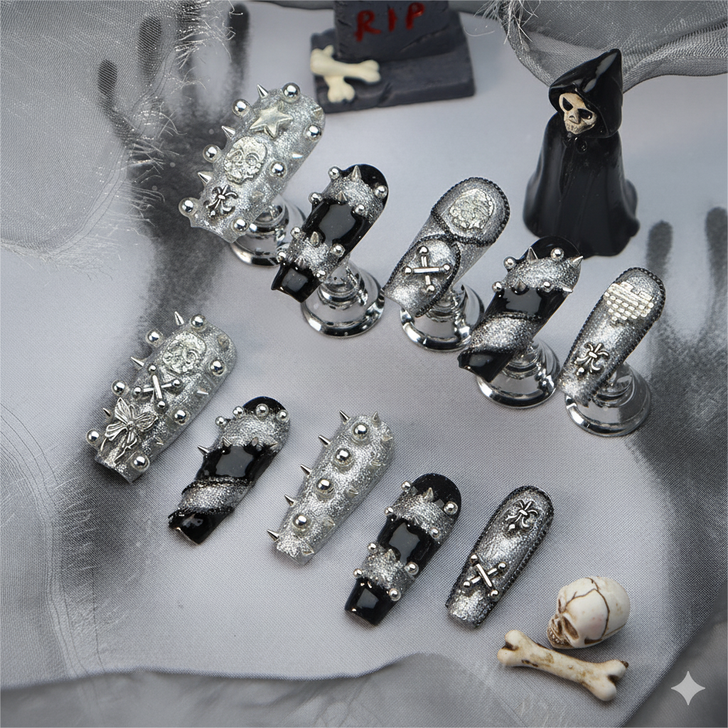 Halloween Gothic Punk Press-On Nails: The Rebel Charm Set
