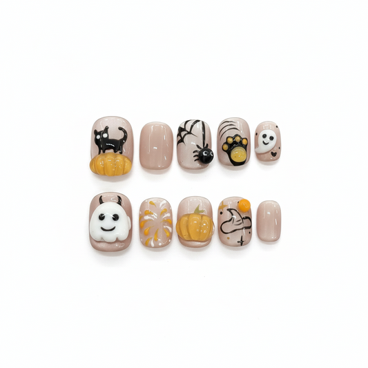 Halloween Spooky Cute Press-On Nails: The Cozy Pumpkin Patch Set