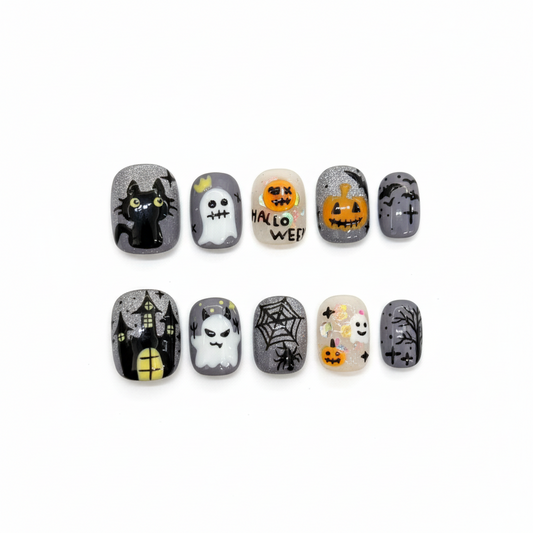 Halloween Grayscale Spooks Press-On Nails: The Ghostly Gang Set