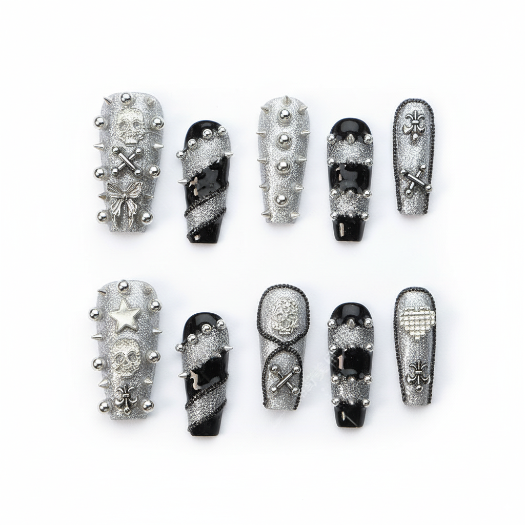 Halloween Gothic Punk Press-On Nails: The Rebel Charm Set