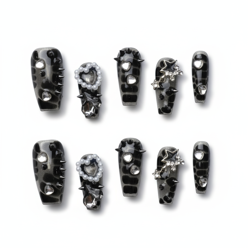 Halloween Bling & Black Press-On Nails: The Edgy Charm Set