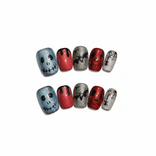 Halloween Spooky Faces Press-On Nails: The Glittery Ghouls Set