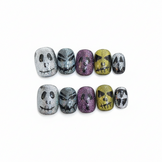 Halloween Glitter Skull Press-On Nails: The Shimmering Skeletal Set