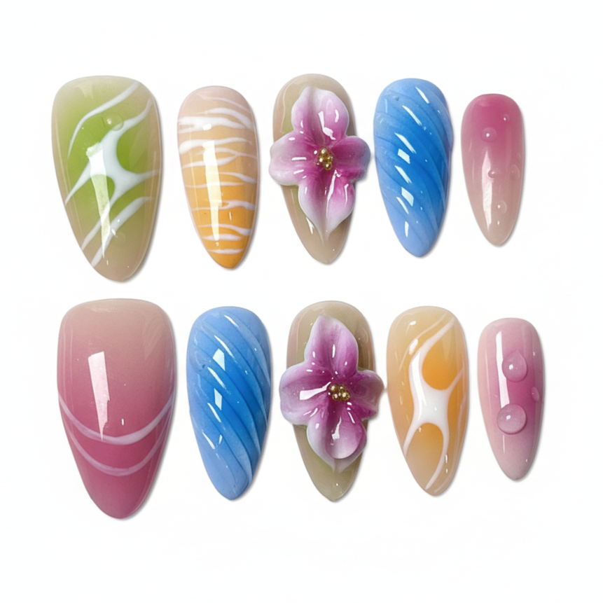 Rainbow Petals Press-On Nails – Colorful Pastel Gradient with 3D Flower