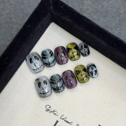Halloween Glitter Skull Press-On Nails: The Shimmering Skeletal Set