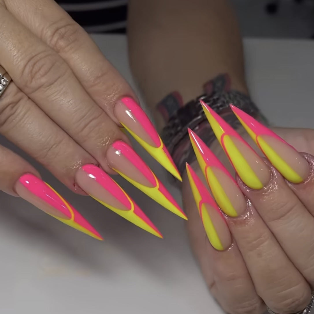Luxury Neon Stiletto Nails – Handcrafted Press-On Set in Hot Pink & Fluorescent Yellow