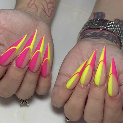 Luxury Neon Stiletto Nails – Handcrafted Press-On Set in Hot Pink & Fluorescent Yellow