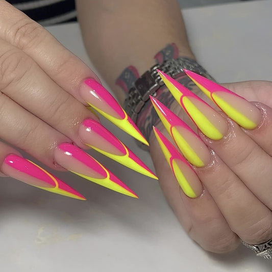 Luxury Neon Stiletto Nails – Handcrafted Press-On Set in Hot Pink & Fluorescent Yellow