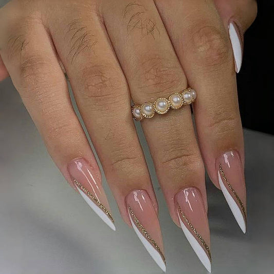 Stiletto Nude White Press-On Nails with Gold Glitter French Tip – Handmade Luxury Nails
