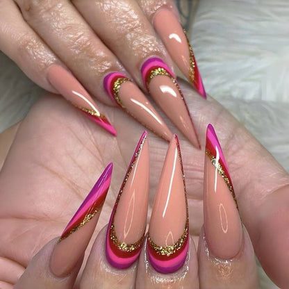 Luxury Pink Gold Stiletto Acrylic Nails – Glitter Press-On Nail Set