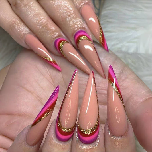 Luxury Pink Gold Stiletto Acrylic Nails – Glitter Press-On Nail Set