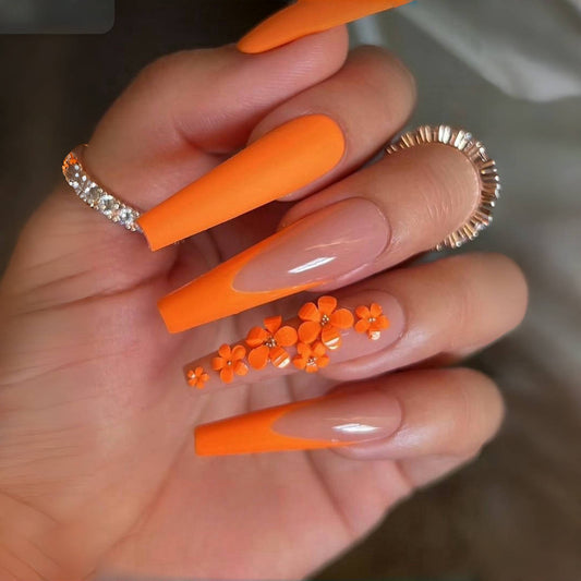 Coffin Matte Orange Press-On Nails with 3D Floral Accent & Rhinestones – Handmade Luxury Set