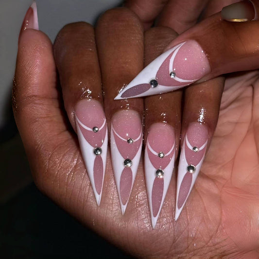 Stiletto Geometric Press-On Nails – White Pink Mauve with Rhinestone Detail | Handmade Luxury Nail Art