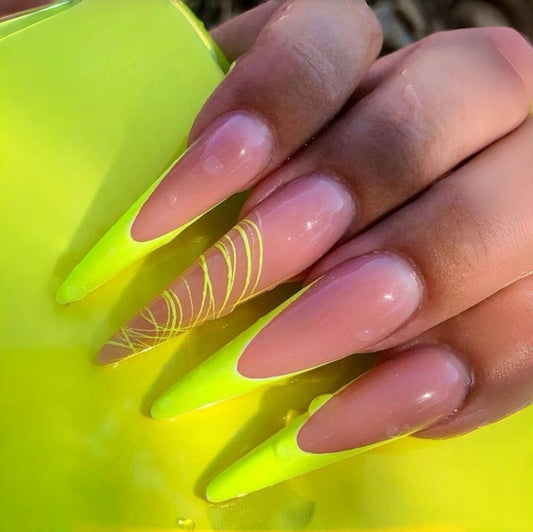 Stiletto Neon Yellow Press-On Nails – Hand-Painted Line Art | Bold Summer Luxury Nails