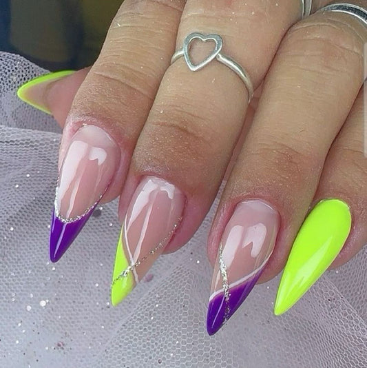 Stiletto Neon Yellow & Purple Press-On Nails – Silver Glitter Accent | Handmade Bold Nail Art