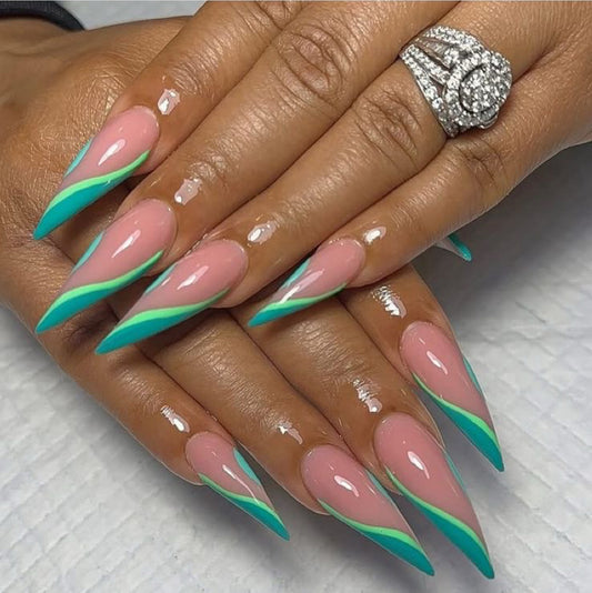 Stiletto Teal Mint Press-On Nails – Diagonal Stripe Design | Handmade Glossy Summer Nail Art