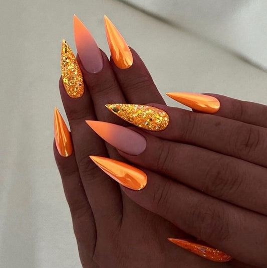 Stiletto Metallic Orange Press-On Nails – Gradient Tips & Gold Glitter Accents | Handmade Luxury Nail Set