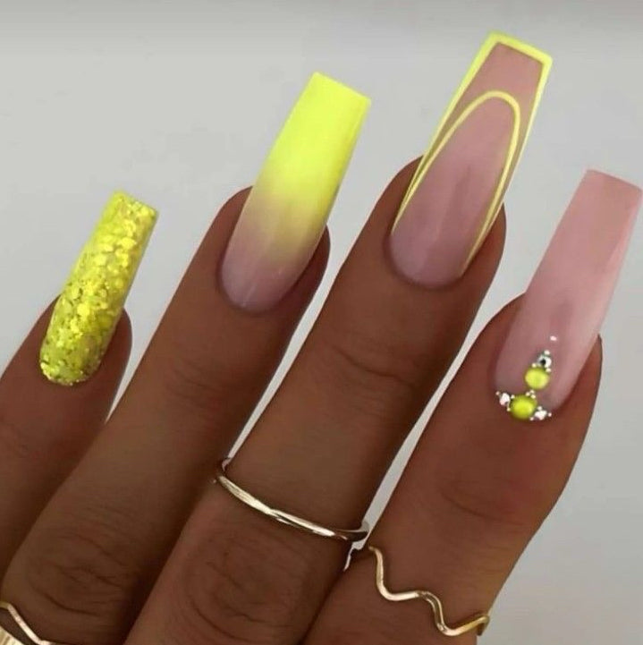Stiletto Pink & Yellow Press-On Nails – Gradient Tips with 3D Beads & Glitter | Handmade Summer Nail Art