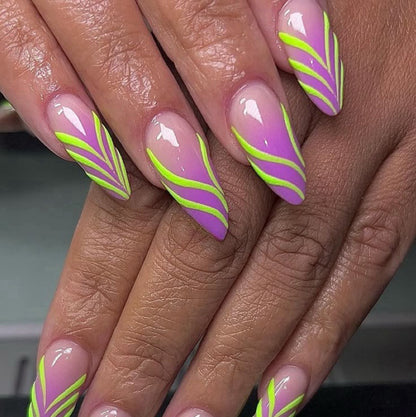 Almond Neon Green & Yellow Press-On Nails – Geometric Stripe Design | Handmade Summer Nail Art