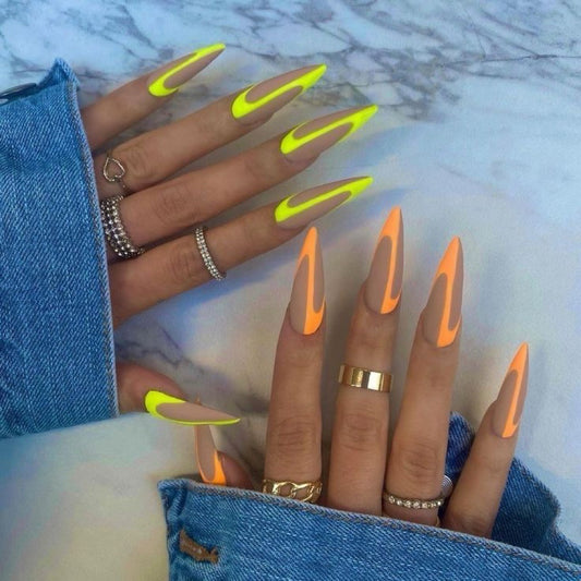 Stiletto Neon Flame Press-On Nails – Yellow & Orange Fire Design | Handmade Bold Nail Art