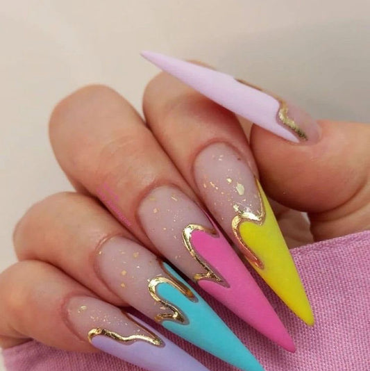 Stiletto Multicolor Press-On Nails – Gold Drip Accents & Translucent Base | Handmade Artistic Luxury Set