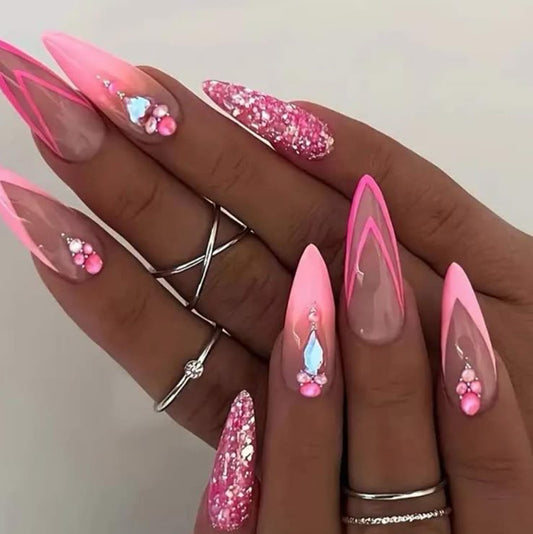 Stiletto Pink Glitter Press-On Nails – V-Shape Design with Rhinestones & Nude Gradient | Handmade Luxury Nail Set