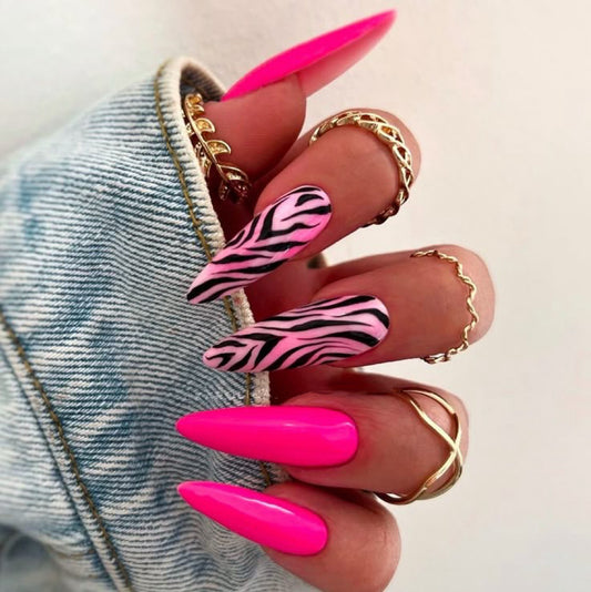 Stiletto Neon Pink Zebra Press-On Nails – Glossy Finish with Animal Print Accent | Handmade Bold Nail Art