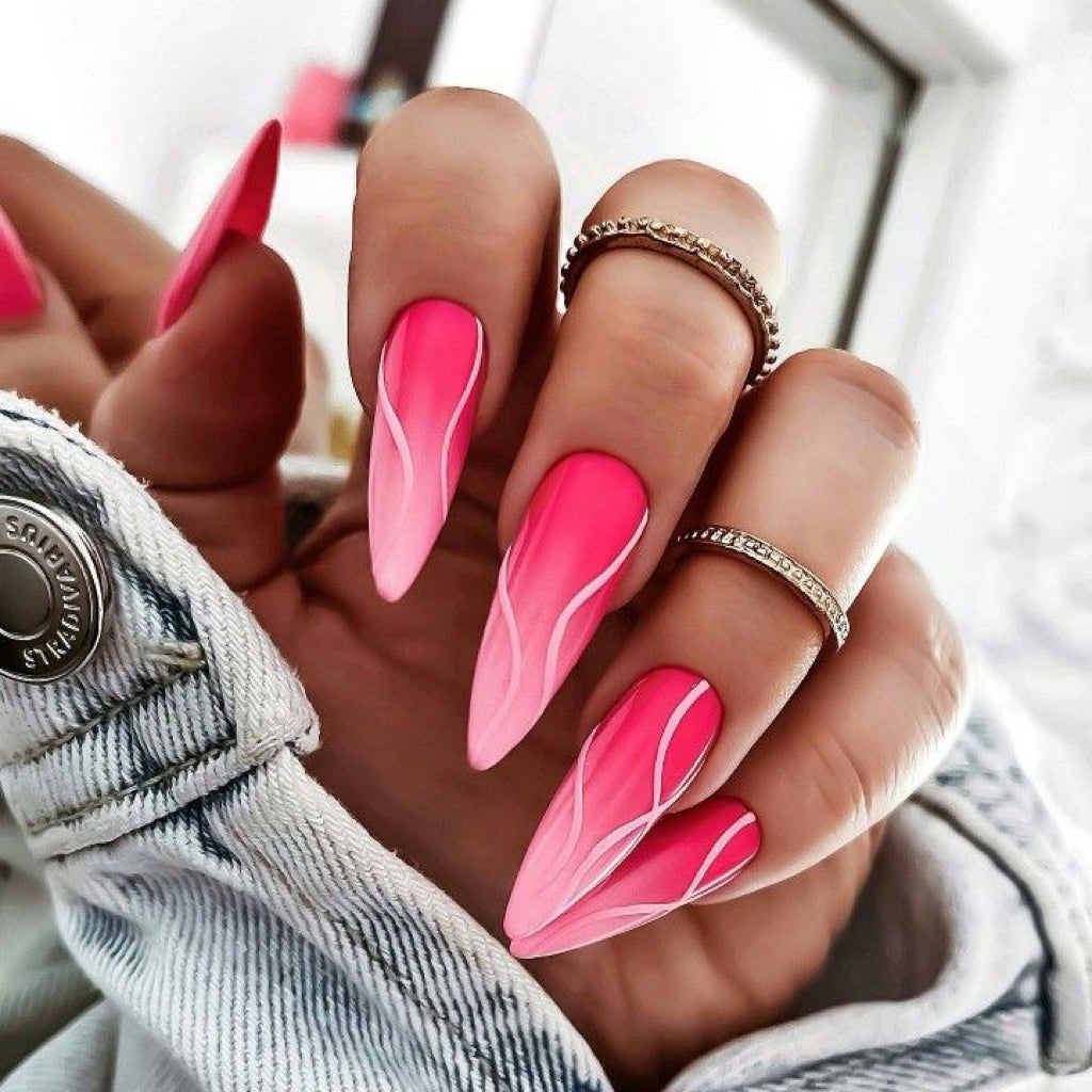 Stiletto Neon Pink Press-On Nails – Abstract White Wave Design | Handmade Glossy Nail Art