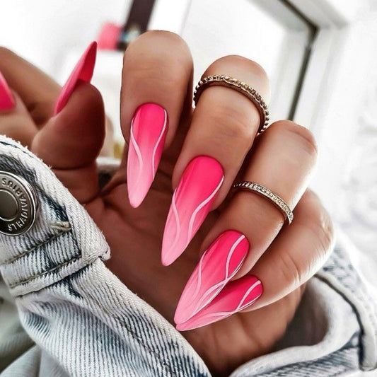 Stiletto Neon Pink Press-On Nails – Abstract White Wave Design | Handmade Glossy Nail Art
