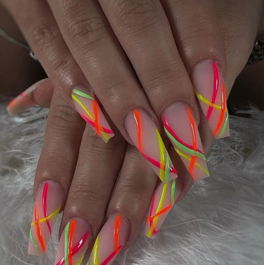 Coffin Nude Press-On Nails – Neon Crisscross Stripe Design | Handmade Colorful Nail Art