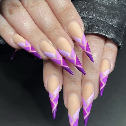 Stiletto Nude Press-On Nails – Purple & Pink Geometric Stripe Design | Handmade Artistic Nail Set