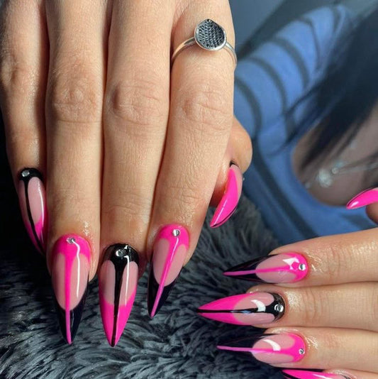 Stiletto Pink & Black Press-On Nails – Gradient Tips with Rhinestones & Abstract Accents | Handmade Bold Nail Art