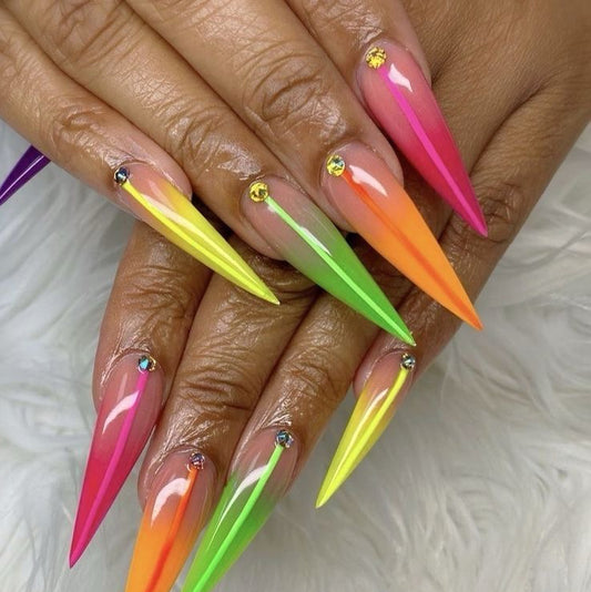 Stiletto Neon Gradient Press-On Nails – Multicolor Ombre with Rhinestone Accents | Handmade Glossy Nail Art