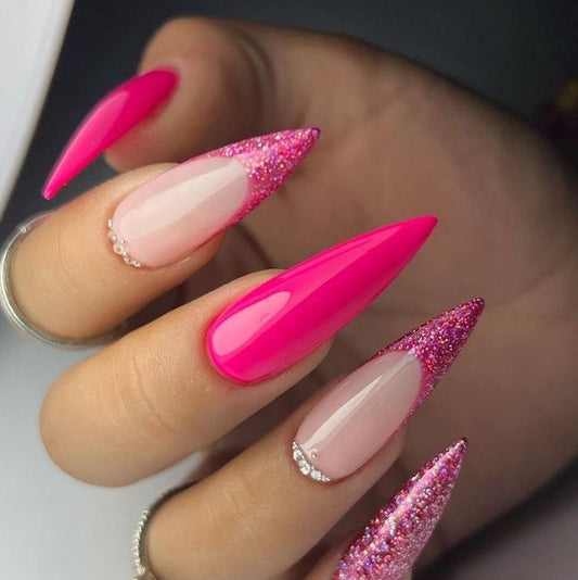 Stiletto Hot Pink Press-On Nails – Glitter Gradient with Rhinestone Accents | Handmade Glossy Nail Art