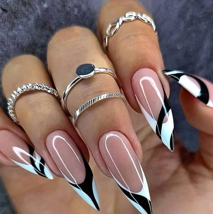 Stiletto Nude Press-On Nails – Black & White Abstract Curve Design | Handmade Modern Nail Art