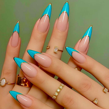 Stiletto Nude & Turquoise Press-On Nails – Gold Outline French Tip | Handmade Luxury Nail Art