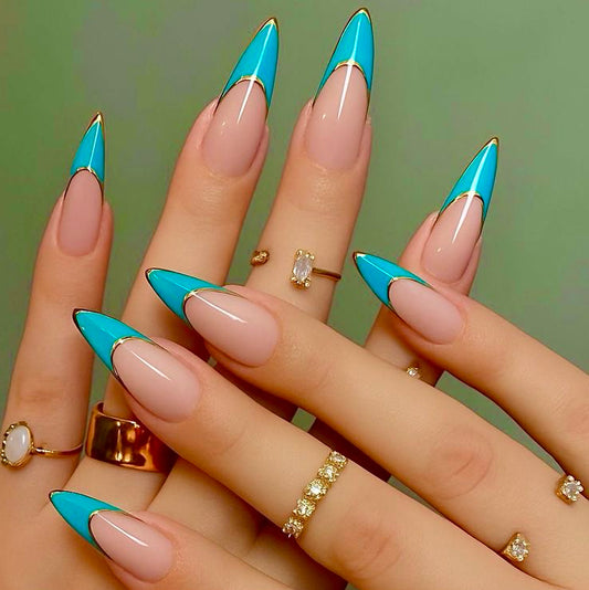 Stiletto Nude & Turquoise Press-On Nails – Gold Outline French Tip | Handmade Luxury Nail Art