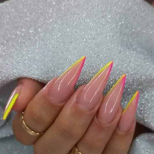 Stiletto Neon Ombre Press-On Nails – Yellow to Pink Gradient with Rhinestone Accents | Handmade Glossy Nail Art