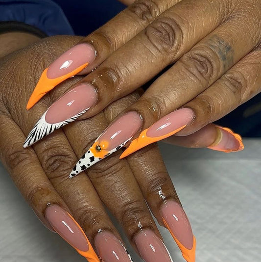 Stiletto Nude Press-On Nails – Animal Print & Flame Design with Floral Accents | Handmade Bold Nail Art