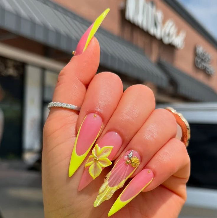 Stiletto Neon Yellow & Pink Press-On Nails – 3D Floral & Seashell Accents | Handmade Tropical Nail Art